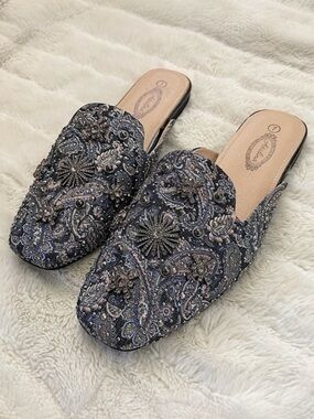 Paisley Rhinestone Embellished Blue Mules Flats Boho Slip On Shoes New Size 7